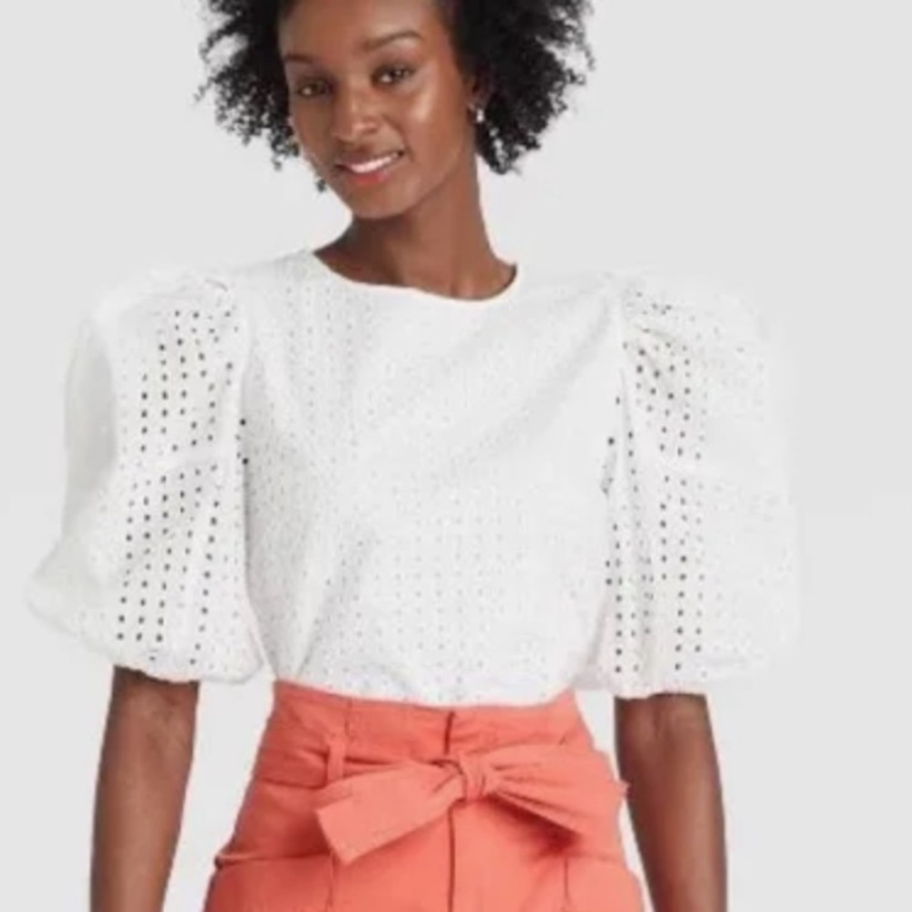 A New Day Short Puff Sleeve Eyelet Top -  White L
